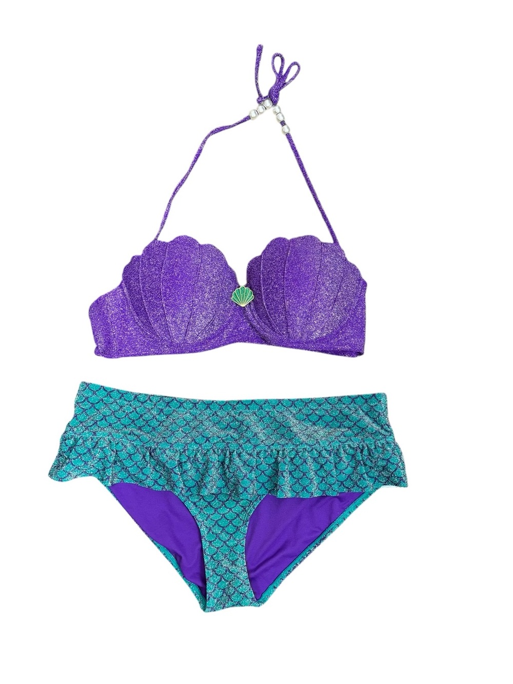 Disney Little Mermaid Ariel Glitter Bikini Set Sz L Sea Shell Halter Swim Top